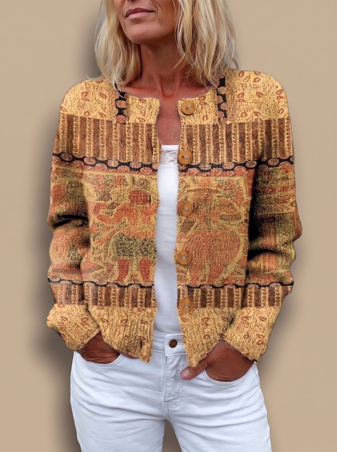 Women's Floral Long-Sleeve Knit Button-Front Cardigan