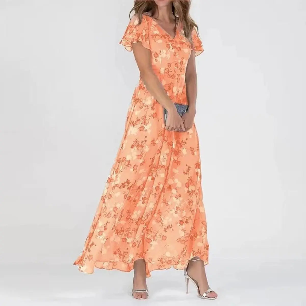 Women's Floral Maxi Cocktail Party Dress V-Neck Flutter Sleeve - Orange