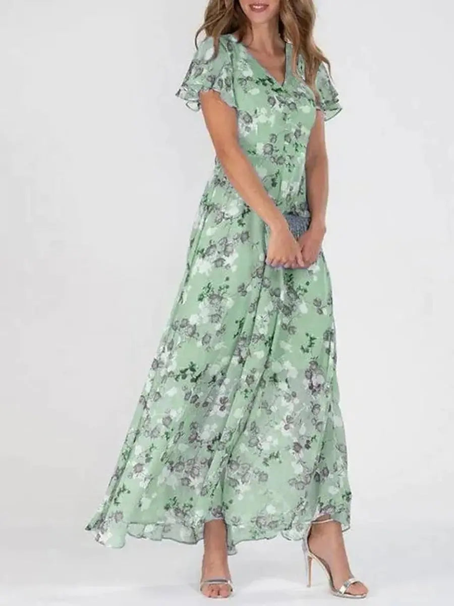 Women's Floral Maxi Cocktail Party Dress V-Neck Flutter Sleeve - Green