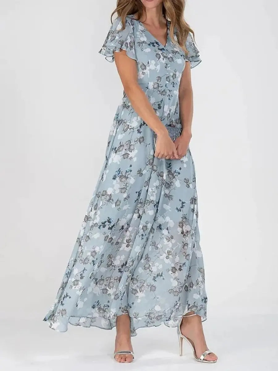 Women's Floral Maxi Cocktail Party Dress V-Neck Flutter Sleeve - Blue