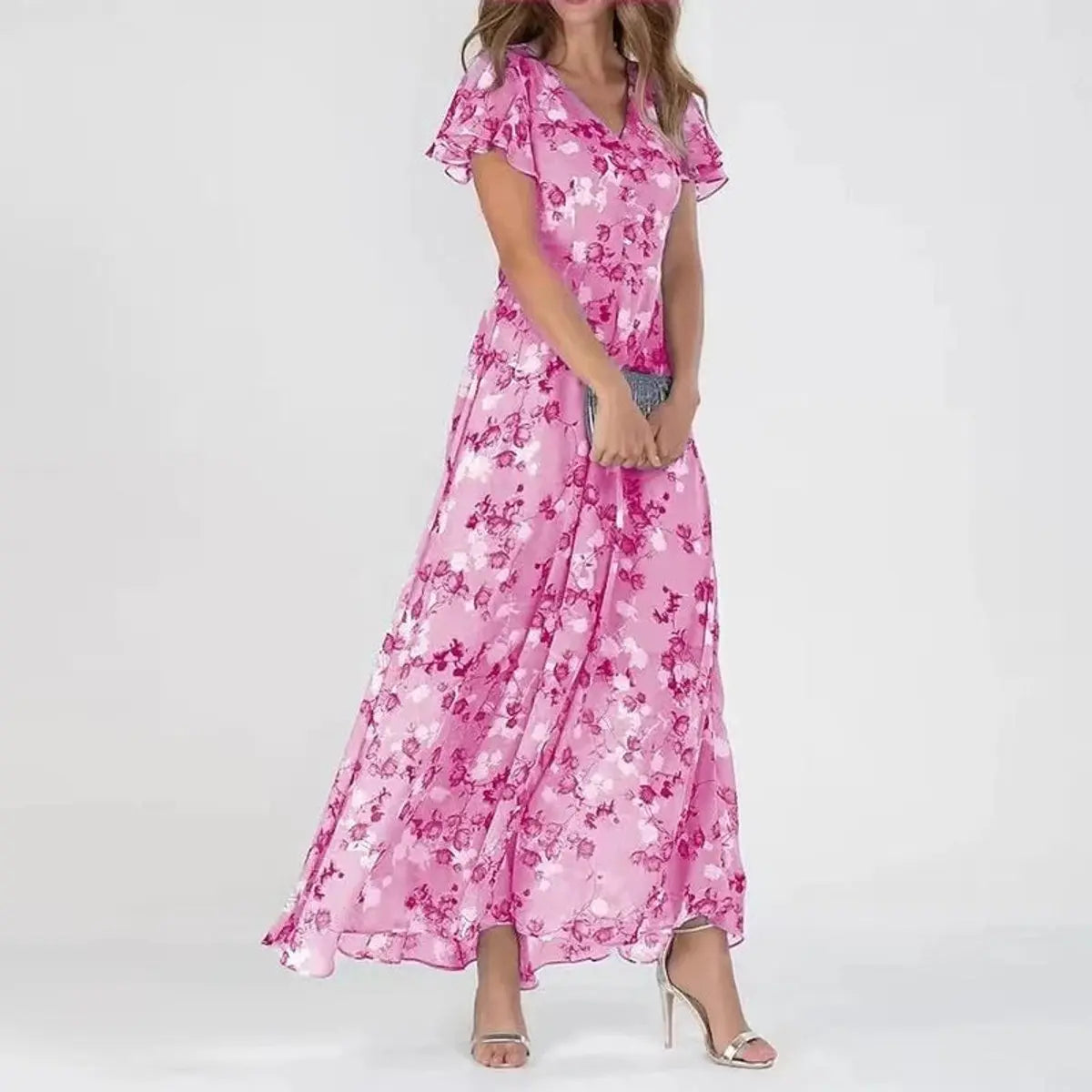 Women's Floral Maxi Cocktail Party Dress V-Neck Flutter Sleeve - Pink