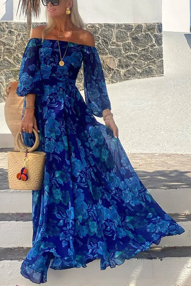 Women's Floral Off-Shoulder Maxi Mother of the Bride Dress - Blue