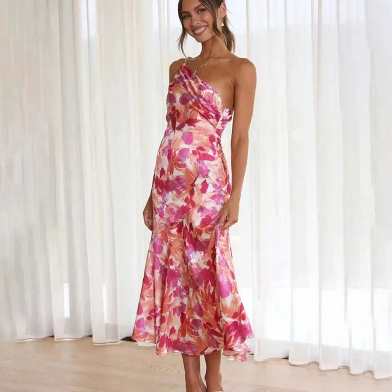 Women's Floral One-Shoulder Asymmetric Midi Dress