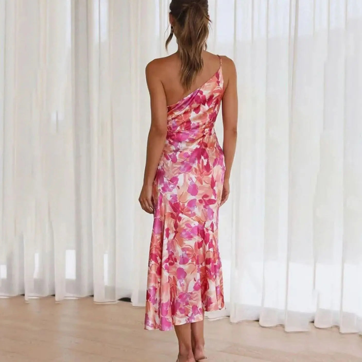 Women's Floral One-Shoulder Asymmetric Midi Dress