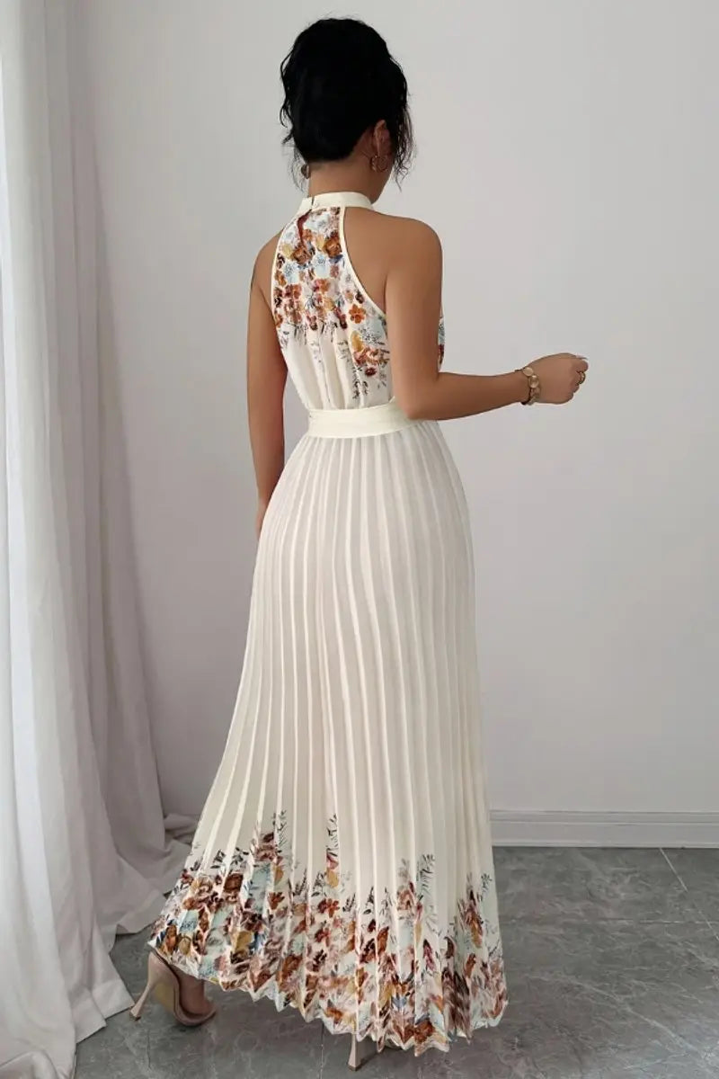 Women's Floral Pleated Halter-Neck Maxi Evening Gown