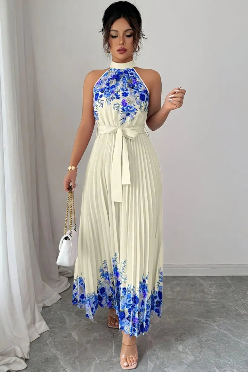 Women's Floral Pleated Halter-Neck Maxi Evening Gown - Blue Floral