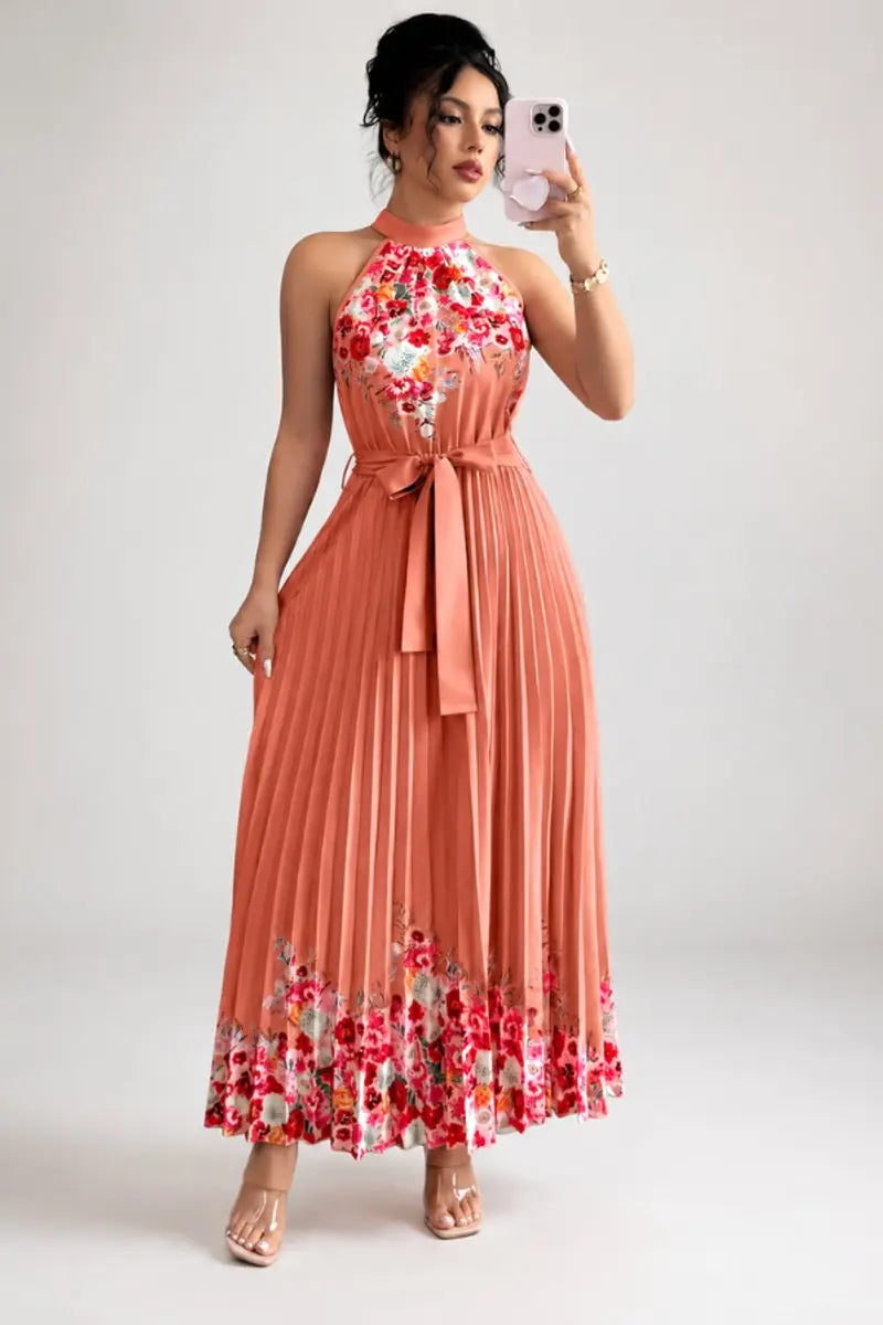 Women's Floral Pleated Halter-Neck Maxi Evening Gown - Watermelon Red