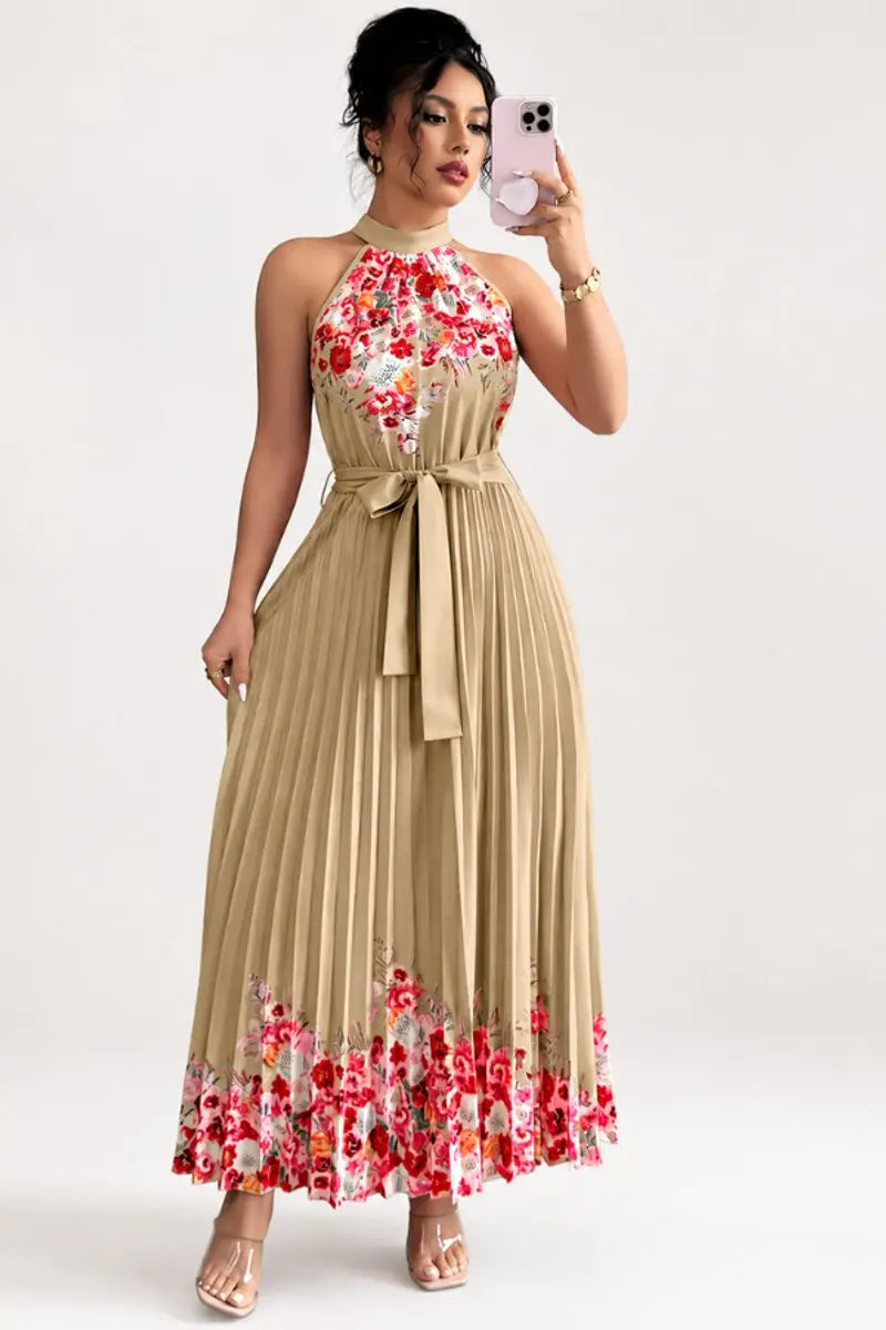 Women's Floral Pleated Halter-Neck Maxi Evening Gown - Khaki