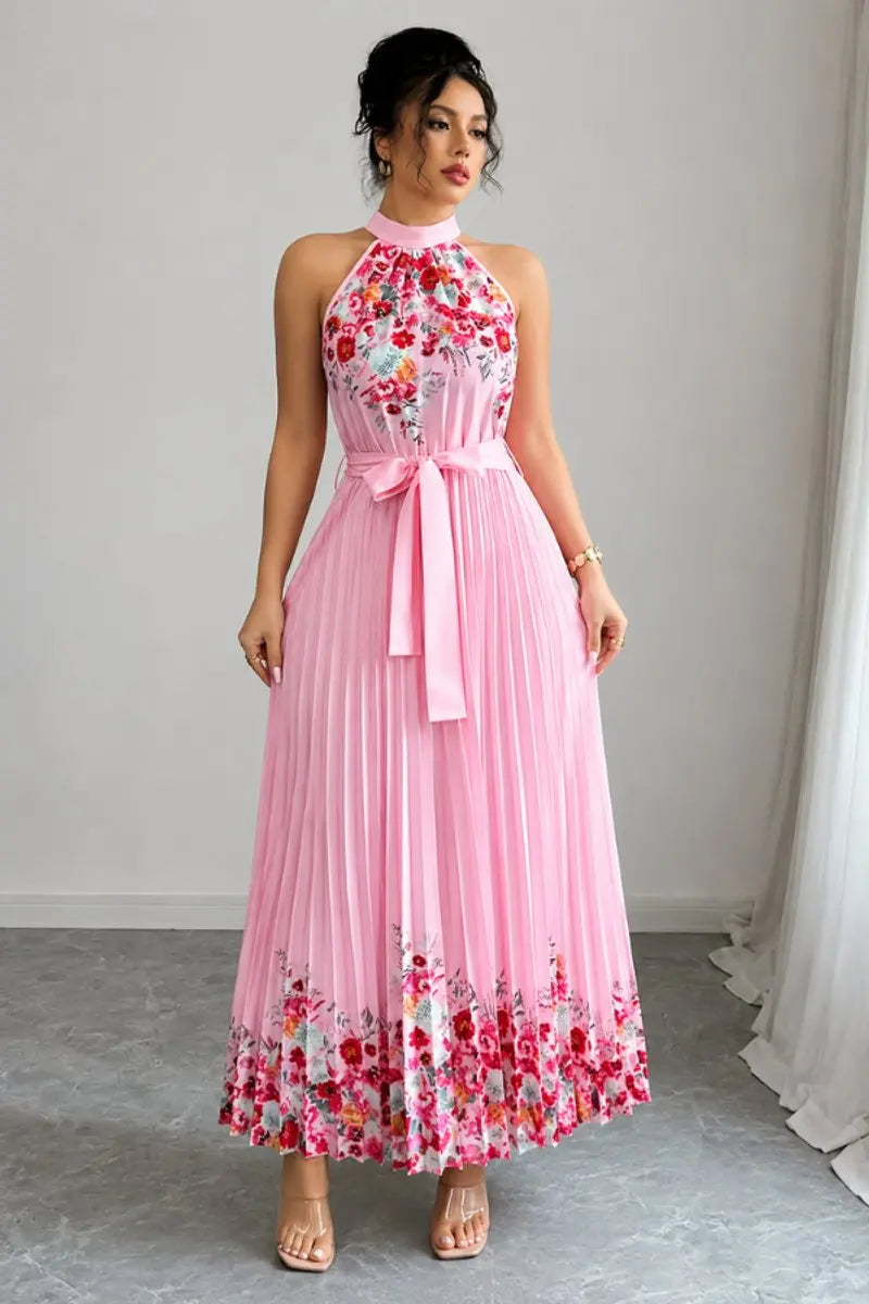 Women's Floral Pleated Halter-Neck Maxi Evening Gown