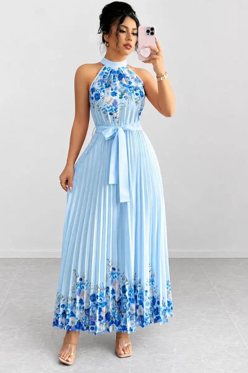 Women's Floral Pleated Halter-Neck Maxi Evening Gown - Blue