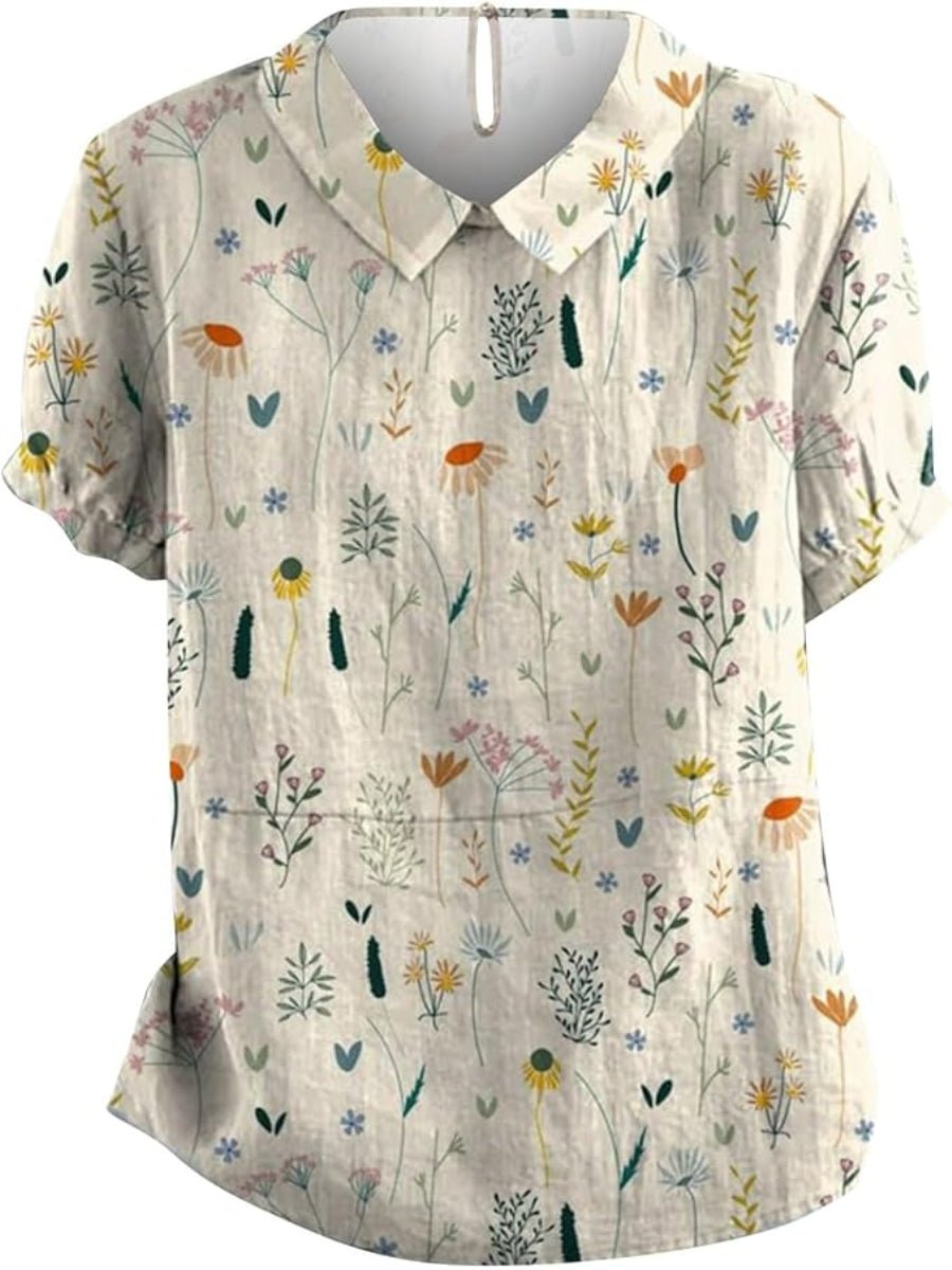 Women's Floral Polo Shirt Loose Fit Collared - White