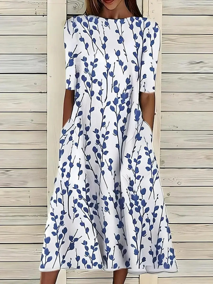 Women's Floral Print Short Sleeve Midi Dress Swing A-Line - Blue