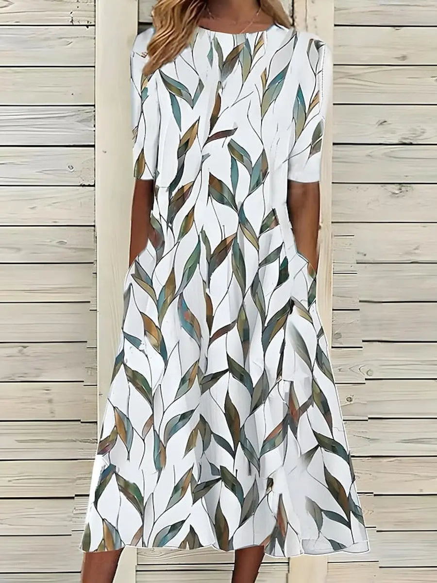 Women's Floral Print Short Sleeve Midi Dress Swing A-Line - Green