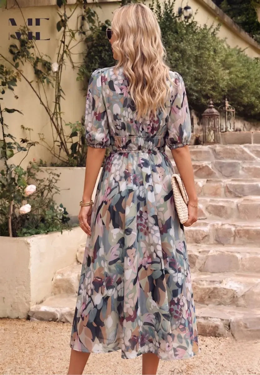 Women's Floral Puff Sleeve V-Neck Midi Dress