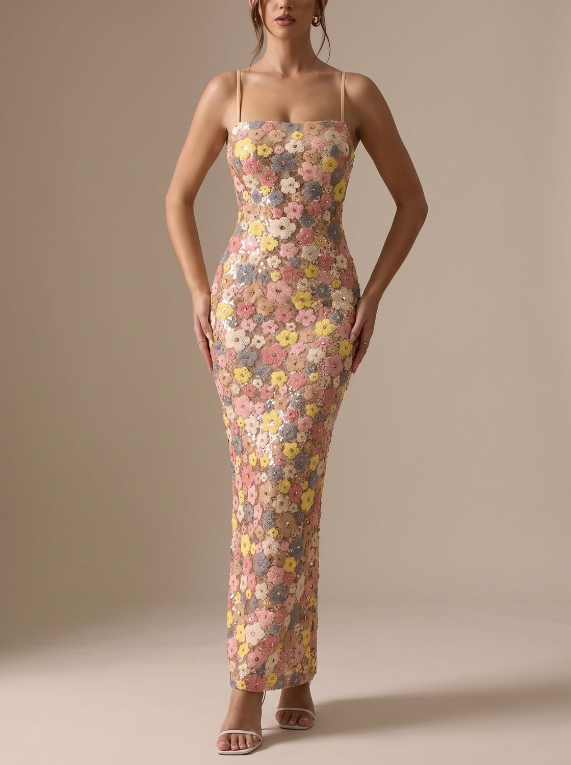Women's Floral Sequin Spaghetti-Strap Maxi Party Dress
