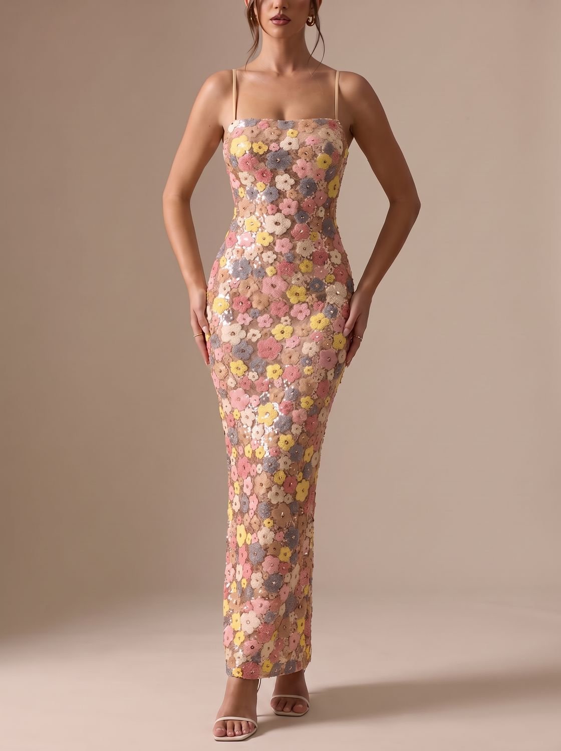 Women's Floral Sequin Spaghetti-Strap Maxi Party Dress - Floral Print
