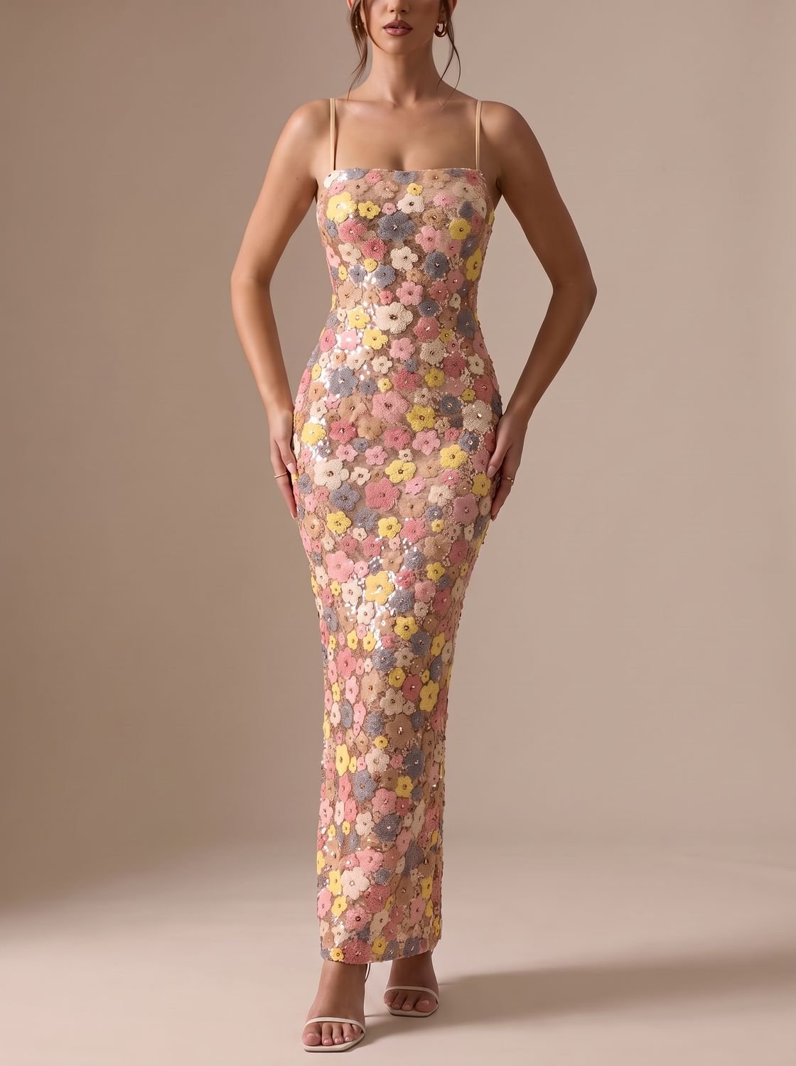 Women's Floral Sequin Spaghetti-Strap Maxi Party Dress