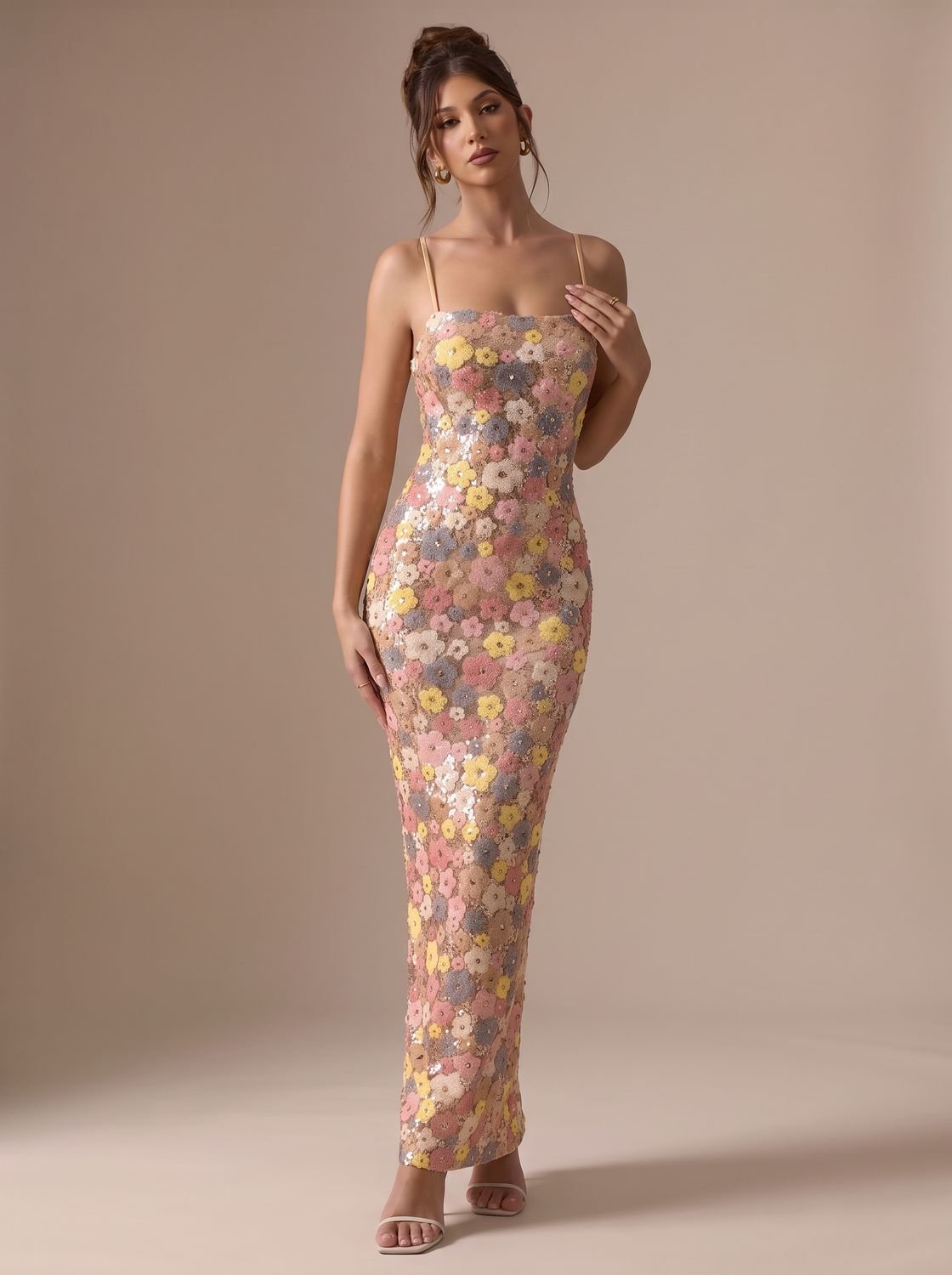 Women's Floral Sequin Spaghetti-Strap Maxi Party Dress