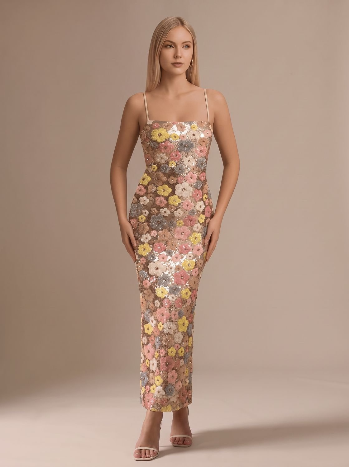 Women's Floral Sequin Spaghetti-Strap Maxi Party Dress