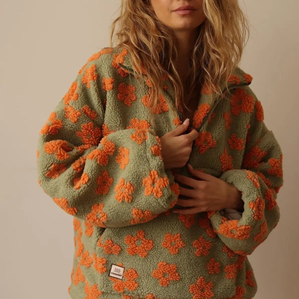 Women's Floral Sherpa Fleece Oversized Half-Zip Pullover Sweater - Orange