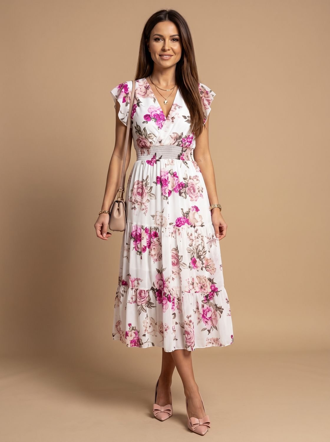 Women's Floral V-Neck Pleated Midi Dress for Festive Occasions