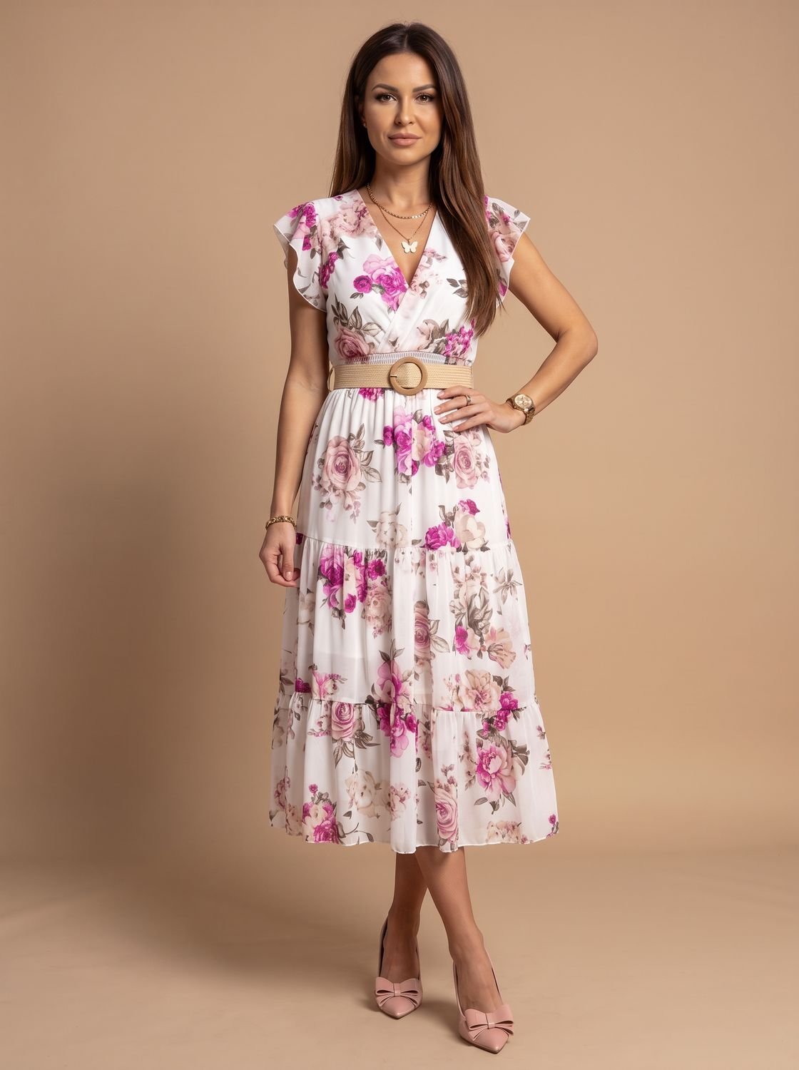Women's Floral V-Neck Pleated Midi Dress for Festive Occasions - Pink