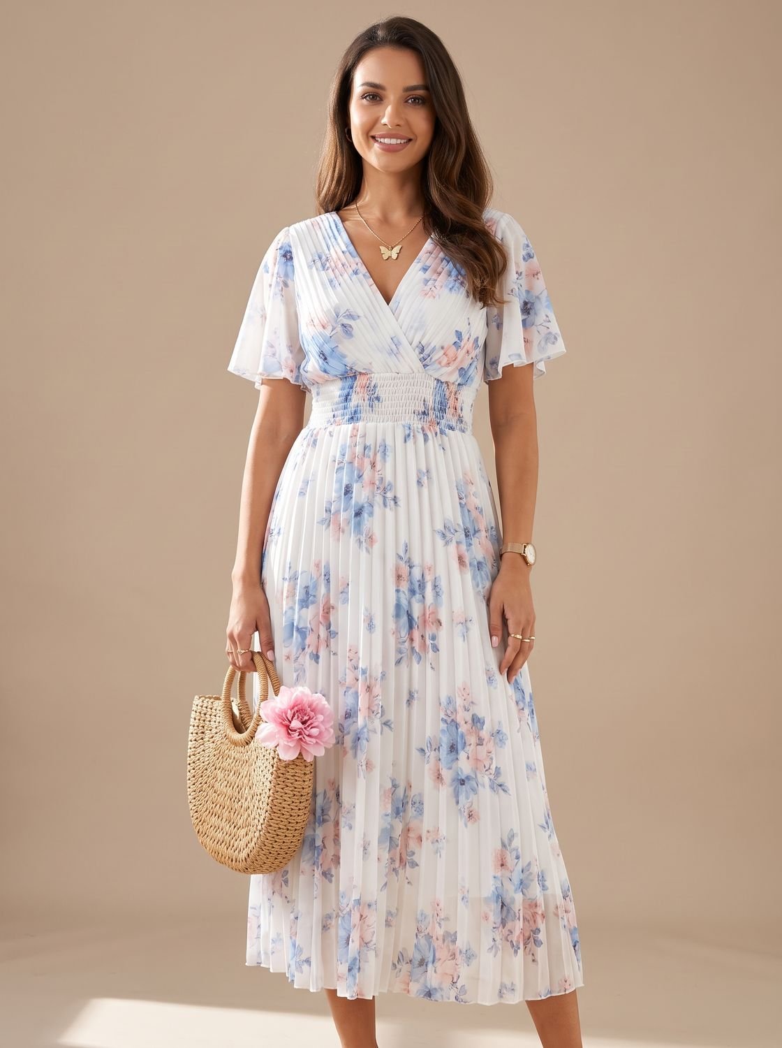 Women's Floral V-Neck Pleated Midi Dress for Festive Occasions - Blue