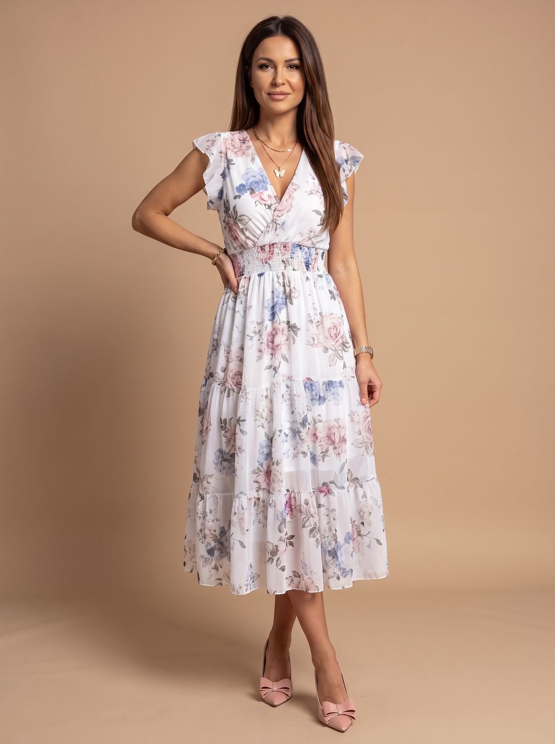 Women's Floral V-Neck Pleated Midi Dress for Festive Occasions