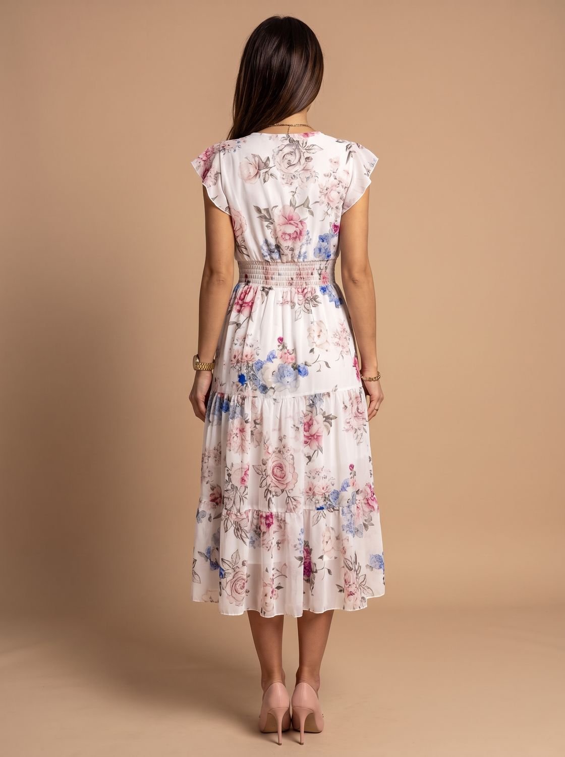 Women's Floral V-Neck Pleated Midi Dress for Festive Occasions