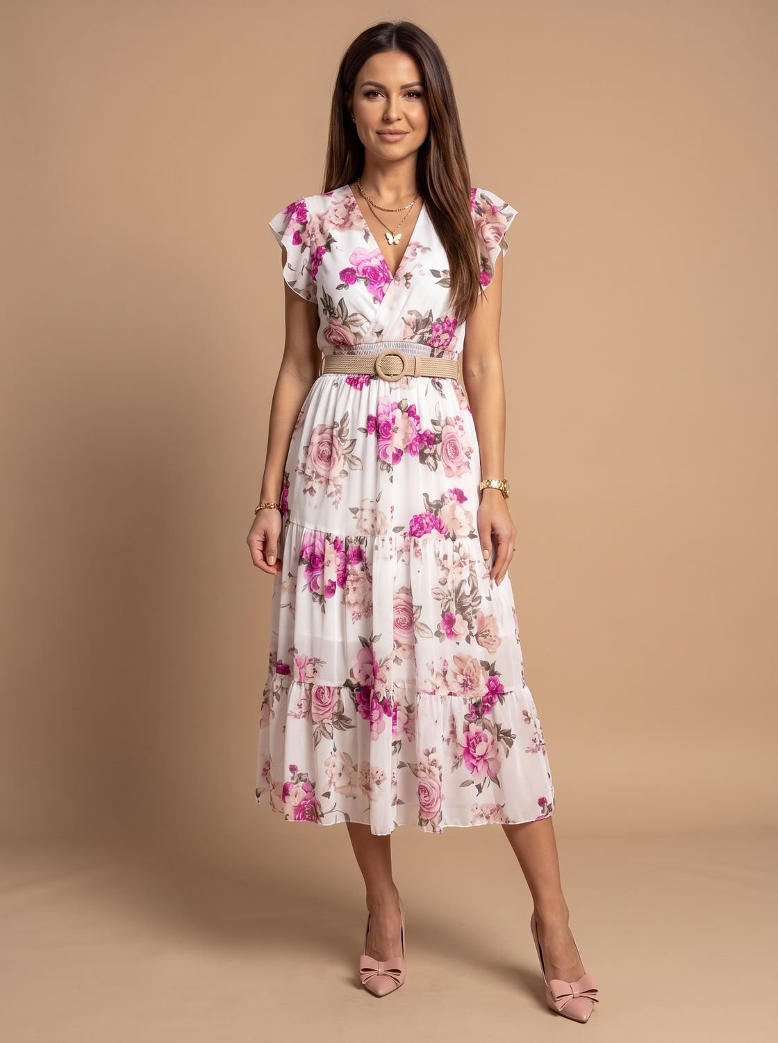Women's Floral V-Neck Pleated Midi Dress for Festive Occasions