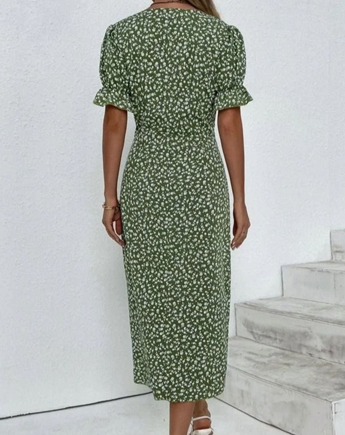 Women's Floral V-Neck Wrap Midi Dress Puff Sleeve