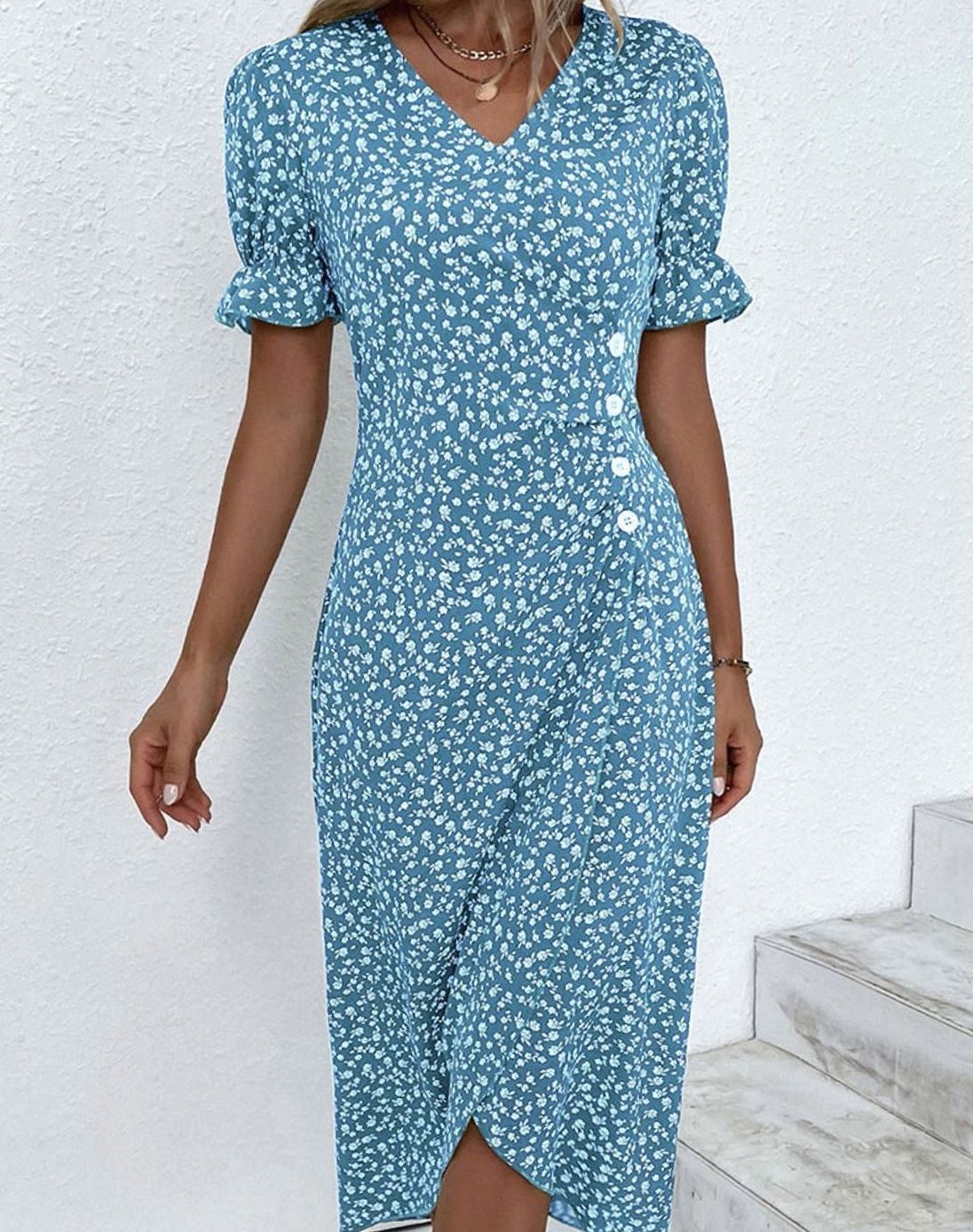 Women's Floral V-Neck Wrap Midi Dress Puff Sleeve