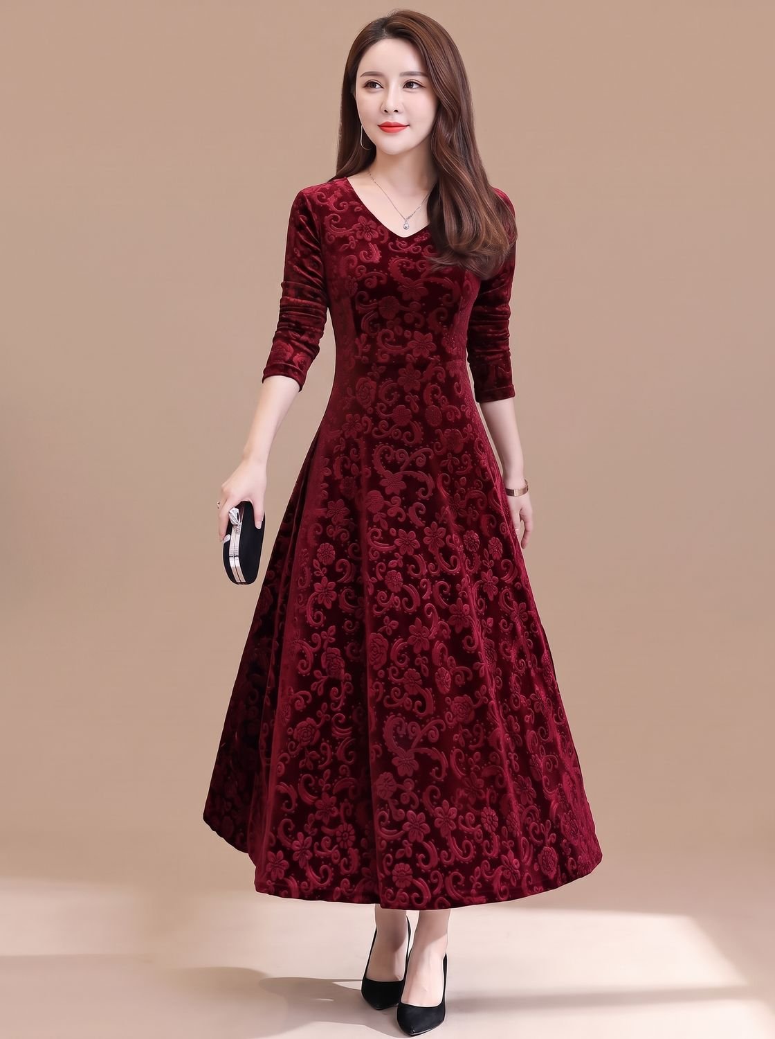 Women's Floral Velvet A-Line Long-Sleeve Midi Dress