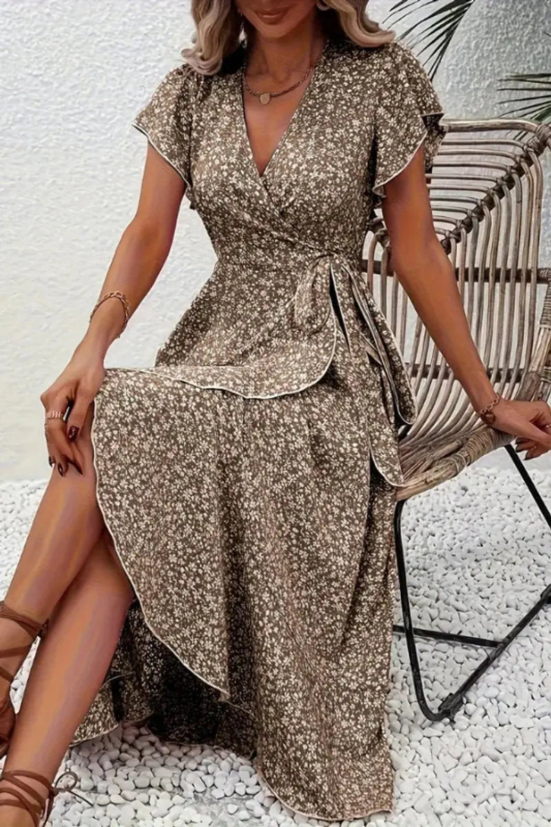 Women's Floral Wrap Midi Evening Gown Short Sleeve V-Neck Dress - Camel