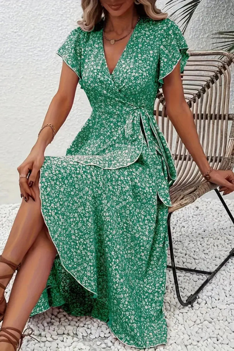 Women's Floral Wrap Midi Evening Gown Short Sleeve V-Neck Dress - Green