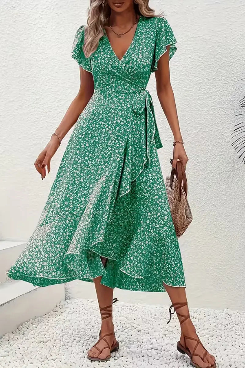 Women's Floral Wrap Midi Evening Gown Short Sleeve V-Neck Dress