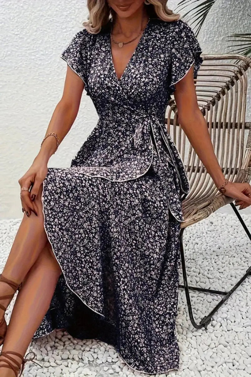 Women's Floral Wrap Midi Evening Gown Short Sleeve V-Neck Dress - Navy
