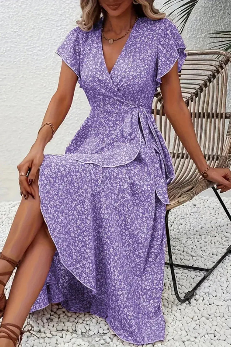 Women's Floral Wrap Midi Evening Gown Short Sleeve V-Neck Dress - Purple