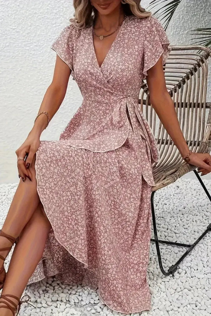 Women's Floral Wrap Midi Evening Gown Short Sleeve V-Neck Dress - Pink