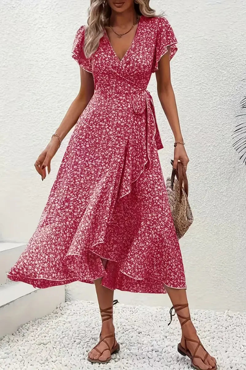 Women's Floral Wrap Midi Evening Gown Short Sleeve V-Neck Dress