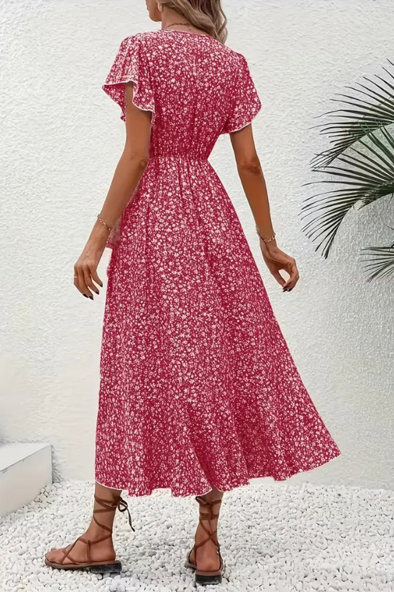 Women's Floral Wrap Midi Evening Gown Short Sleeve V-Neck Dress
