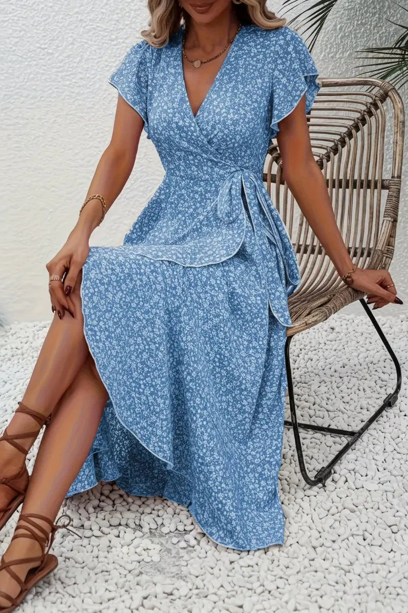 Women's Floral Wrap Midi Evening Gown Short Sleeve V-Neck Dress - Peacock Blue
