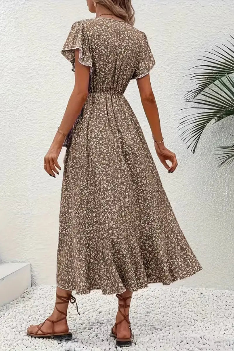 Women's Floral Wrap Midi Evening Gown Short Sleeve V-Neck Dress