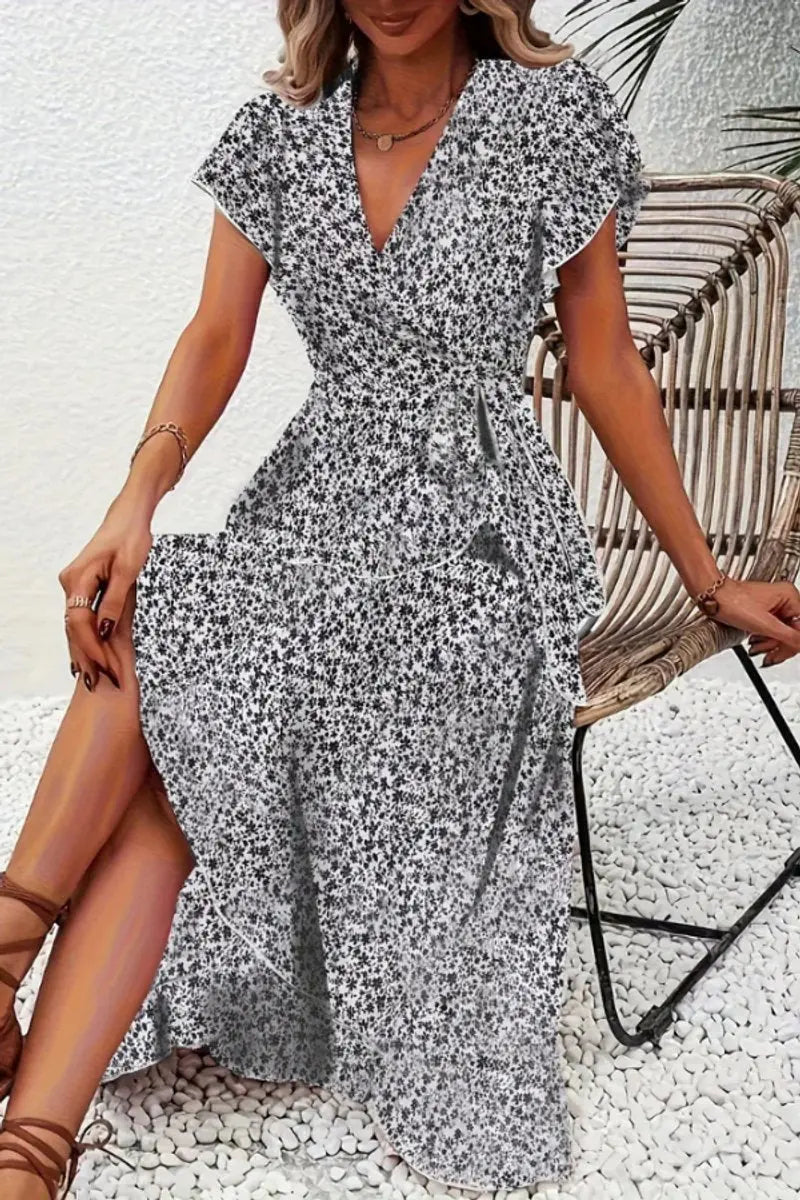Women's Floral Wrap Midi Evening Gown Short Sleeve V-Neck Dress - Black And White