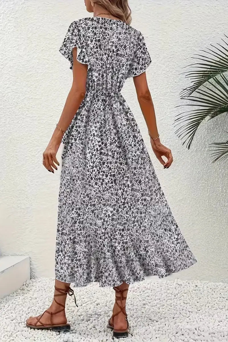 Women's Floral Wrap Midi Evening Gown Short Sleeve V-Neck Dress