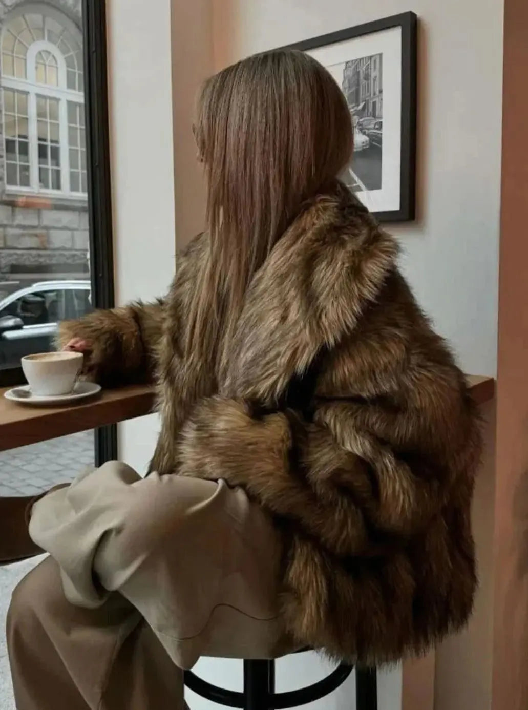 Women's Fluffy Brown Faux Fur Long-Sleeve Coat