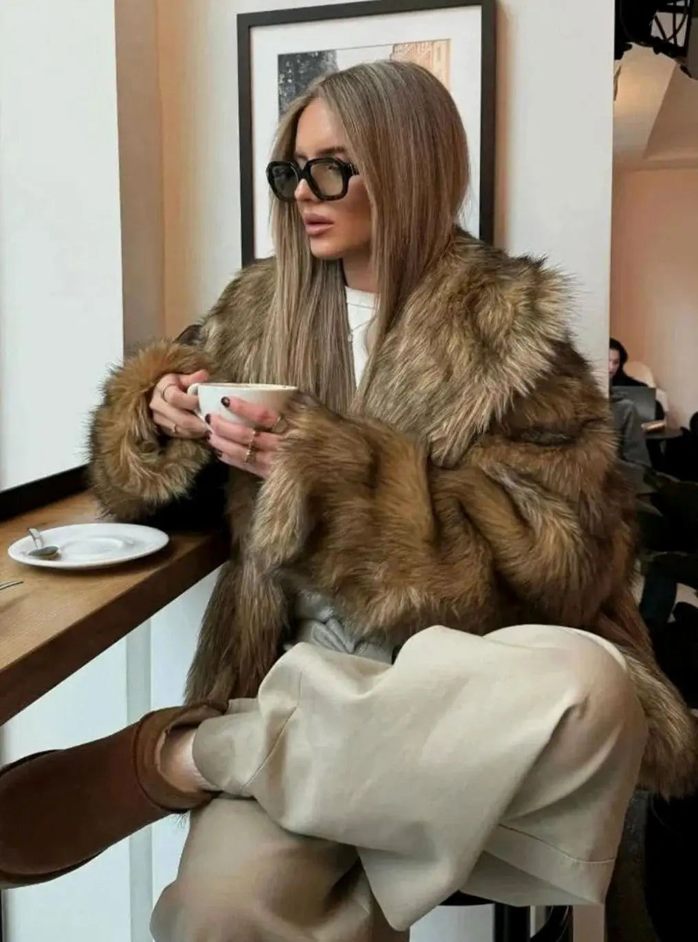 Women's Fluffy Brown Faux Fur Long-Sleeve Coat