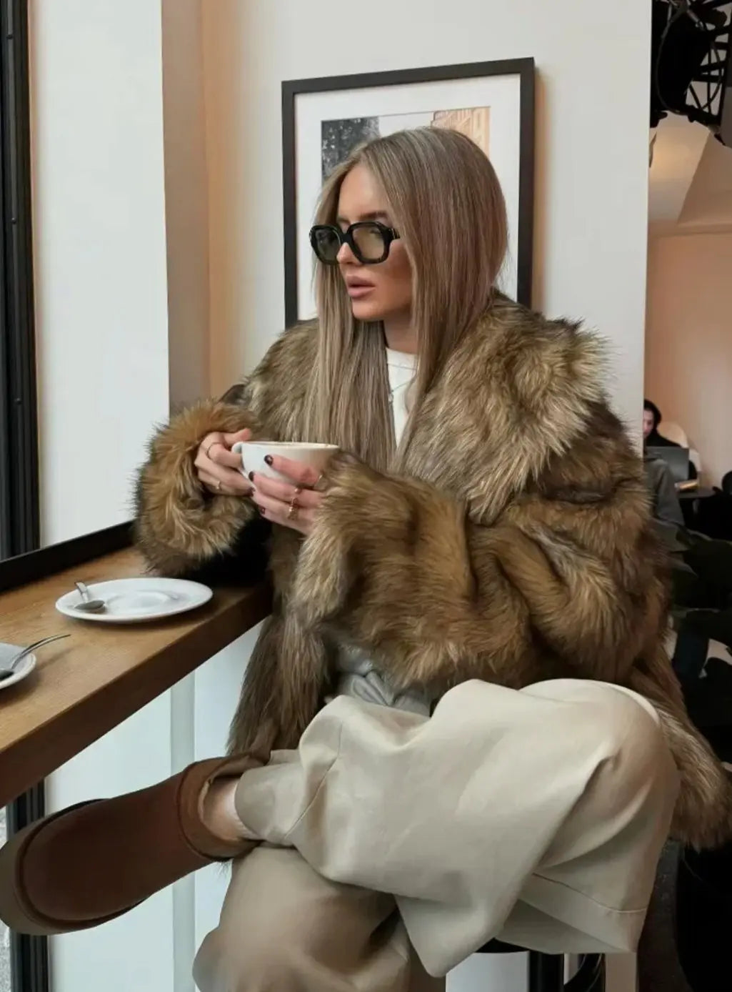 Women's Fluffy Brown Faux Fur Long-Sleeve Coat