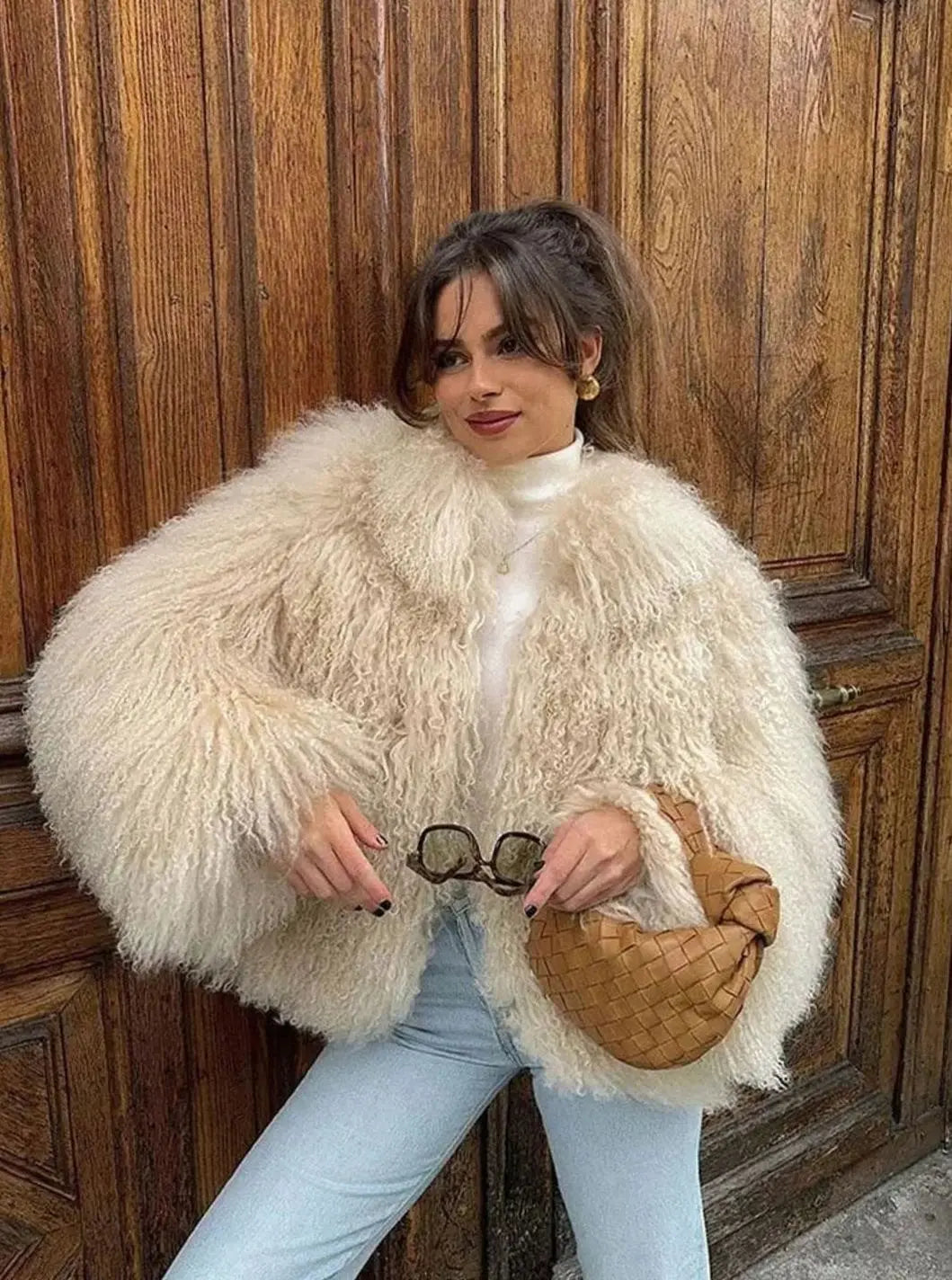 Women's Fluffy Faux Fur Coat Short Shaggy Jacket - Light Brown