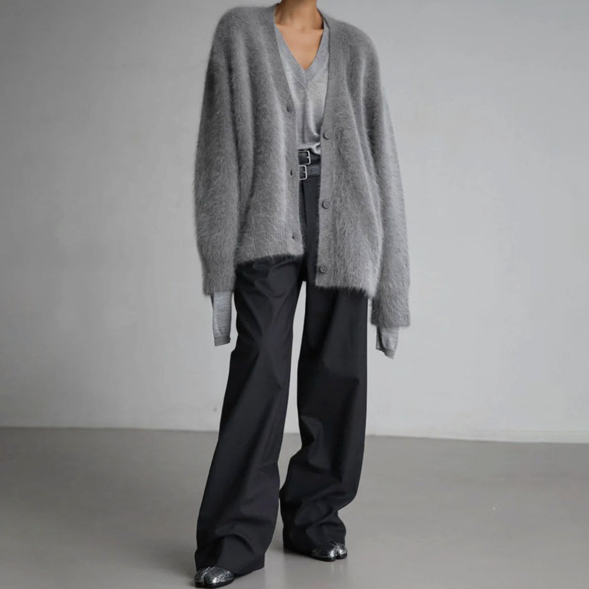 Women's Fluffy Mohair Blend V-Neck Button-Up Cardigan